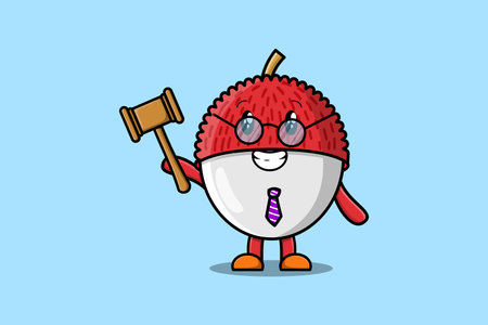 Cute cartoon mascot character wise judge Lychee wearing glasses and holding a hammerのイラスト素材