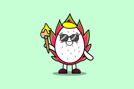 Cute cartoon character Dragon fruit painter portraitist with hat and a brush to drawのイラスト素材