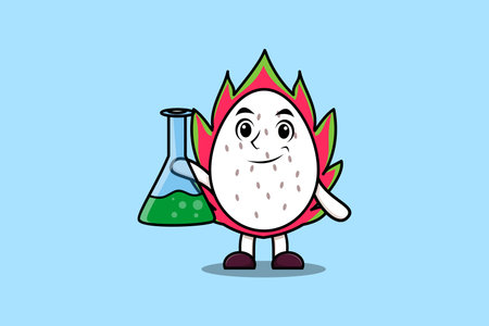 Cute cartoon mascot character Dragon fruit as scientist with chemical reaction glassのイラスト素材