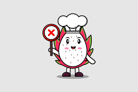 cute cartoon Dragon fruit chef holding wrong sign board in vector character illustrationのイラスト素材