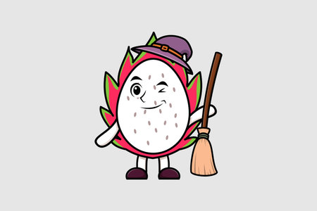 Cute cartoon witch shaped Dragon fruit character with hat and broomstick cute style illustrationのイラスト素材