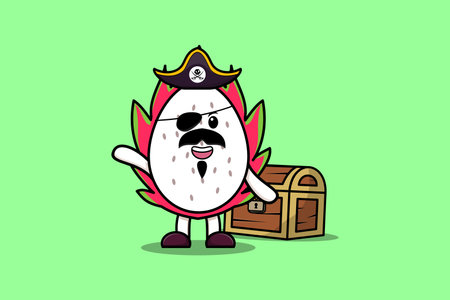Cute cartoon character Dragon fruit pirate with treasure box illustration in modern style designのイラスト素材