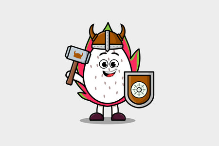 Cute cartoon character Dragon fruit viking pirate with hat and holding hammer and shieldのイラスト素材
