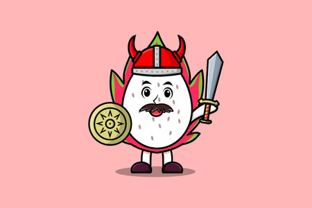 Cute cartoon character Dragon fruit viking pirate with hat and holding sword and shield illustrationのイラスト素材
