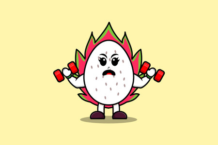 Cute cartoon Dragon fruit character is fitness with barbell in modern style designのイラスト素材