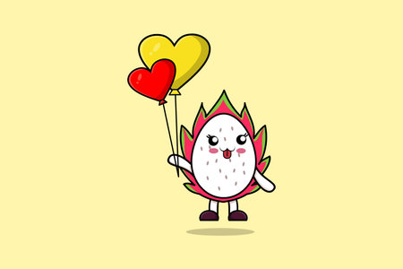 Cute cartoon Dragon fruit floating with love balloon cartoon vector illustrationのイラスト素材