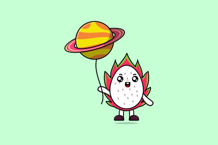 Cute cartoon Dragon fruit floating with planet balloon cartoon vector illustrationのイラスト素材