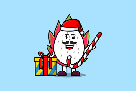 cute cartoon Dragon fruit santa clause character is bringing candy cane and boxes christmasのイラスト素材