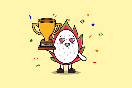 Cute Cartoon character illustration of Dragon fruit is holding up the golden trophy in illustrationのイラスト素材