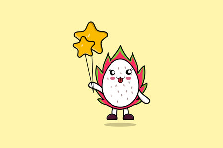 Cute cartoon Dragon fruit floating with star balloon cartoon vector illustrationのイラスト素材