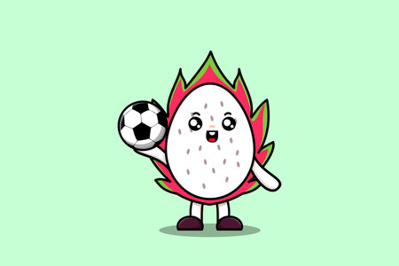 Cute cartoon Dragon fruit character playing football in flat cartoon style illustrationのイラスト素材