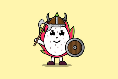 Cute cartoon character Dragon fruit viking pirate with hat and holding ax and shieldのイラスト素材