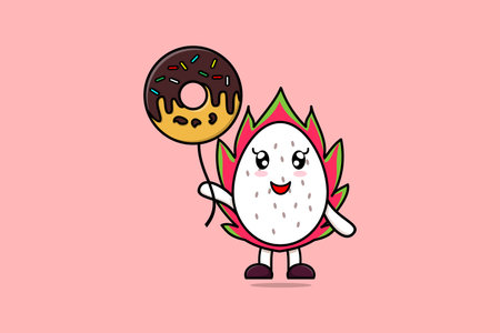 Cute cartoon Dragon fruit floating with donuts balloon cartoon vector illustrationのイラスト素材