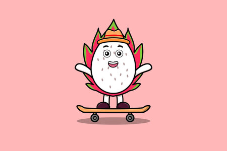 cute cartoon Dragon fruit standing on skateboard with cartoon vector illustration styleのイラスト素材