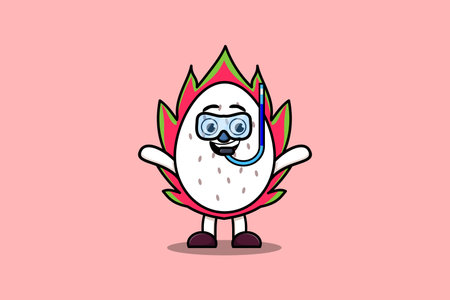 Cute cartoon Dragon fruit diver with swimming glass in flat modern style designのイラスト素材