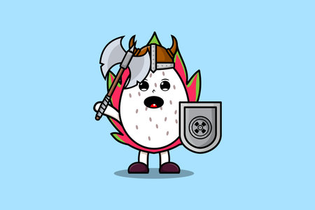 Cute cartoon character Dragon fruit viking pirate with hat and holding ax and shieldのイラスト素材