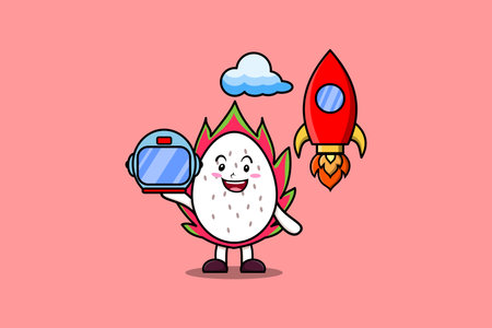 Cute mascot cartoon character Dragon fruit as astronaut with rocket, helm, and cloud in cute styleのイラスト素材