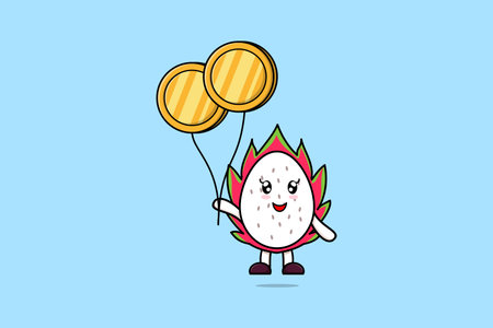 Cute cartoon Dragon fruit businessman floating with gold coin balloon cartoon vector illustrationのイラスト素材