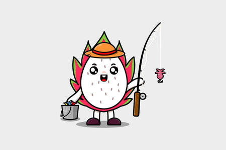 Cute cartoon Dragon fruit ready fishing character illustration wearing fishing equipmentのイラスト素材