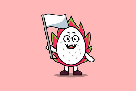 Cute cartoon Dragon fruit mascot character with white flag in modern design illustrationのイラスト素材