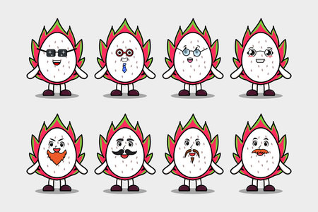 Set kawaii Dragon fruit cartoon character different expressions cartoon face vector illustrationsのイラスト素材