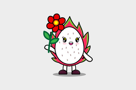 Cute cartoon Dragon fruit character holding red flower in concept 3d cartoon styleのイラスト素材