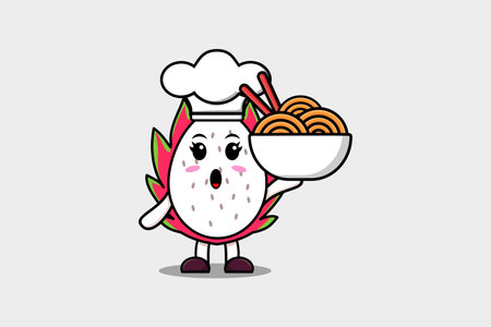 Cute cartoon Dragon fruit chef character holding noodles in bowl flat cartoon style illustrationのイラスト素材