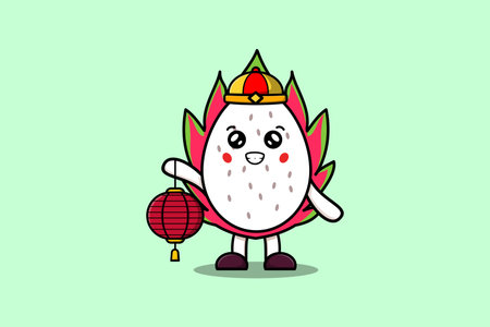Cute cartoon Dragon fruit chinese character holding lantern in vector icon illustrationのイラスト素材