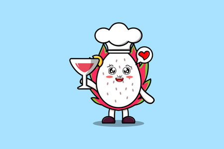 Cute cartoon Dragon fruit chef character holding wine glass flat cartoon style illustrationのイラスト素材