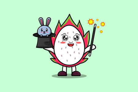 cute cartoon Dragon fruit magician character with bunny character coming out from magic hatのイラスト素材