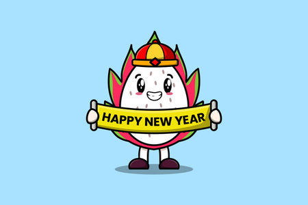 Cute cartoon Dragon fruit chinese character holding happy new year board illustrationのイラスト素材