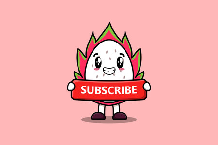 Cute cartoon Dragon fruit character holding red subscribe boardのイラスト素材
