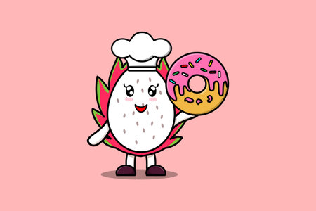 Cute cartoon Dragon fruit chef character donuts in flat cartoon style illustrationのイラスト素材