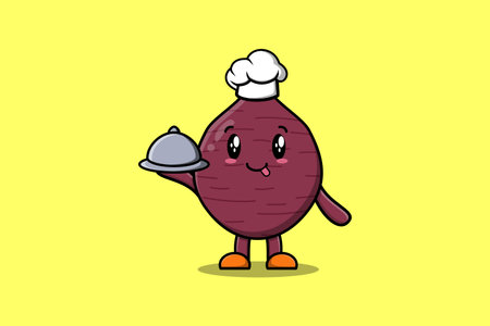 Cute Cartoon chef Sweet potato mascot character serving food on tray cute style design illustrationのイラスト素材