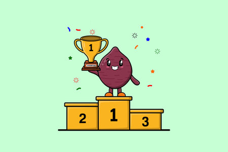 Cute cartoon Sweet potato character as the first winner with happy expression in modern illustrationのイラスト素材