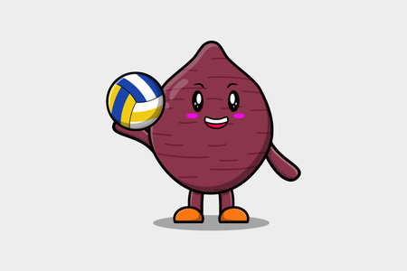 Cute cartoon Sweet potato character playing volleyball in flat cartoon style illustrationのイラスト素材
