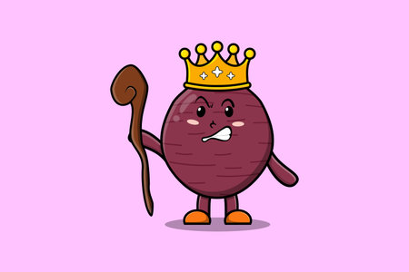 Cute cartoon Sweet potato mascot as wise king with golden crown and wooden stick illustrationのイラスト素材