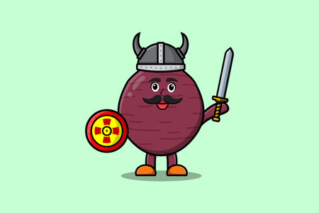 Cute cartoon character Sweet potato viking pirate with hat and holding sword and shield illustrationのイラスト素材