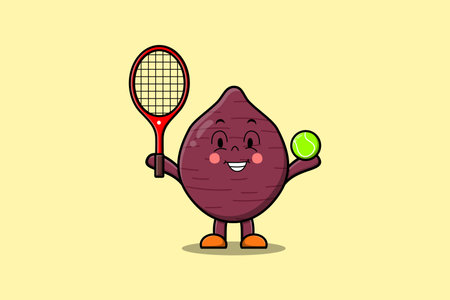 Cute cartoon Sweet potato character playing tennis field in flat cartoon style illustrationのイラスト素材
