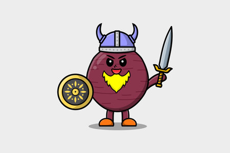 Cute cartoon character Sweet potato viking pirate with hat and holding sword and shield illustrationのイラスト素材