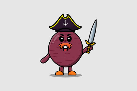 Cute cartoon mascot character Sweet potato pirate with hat and holding sword in modern designのイラスト素材