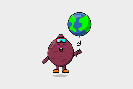 Cute cartoon Sweet potato floating with earth balloon cartoon vector illustrationのイラスト素材