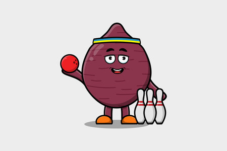 Cute cartoon Sweet potato character playing bowling in flat modern style design illustrationのイラスト素材