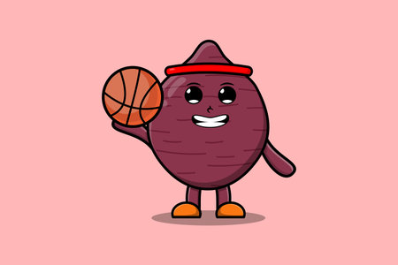 Cute cartoon Sweet potato character playing basketball in flat modern style design illustrationのイラスト素材