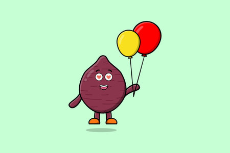 Cute cartoon Sweet potato floating with balloon cartoon vector illustration flat cartoon styleのイラスト素材