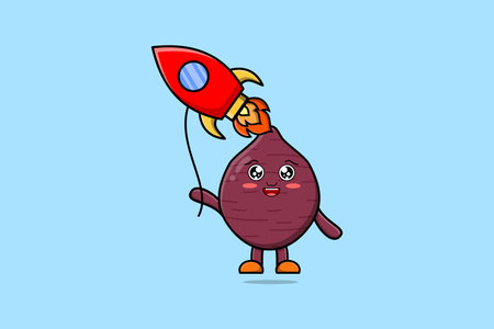 Cute cartoon Sweet potato floating with rocket balloon cartoon vector illustrationのイラスト素材