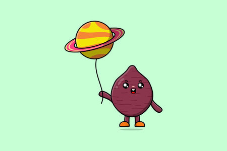 Cute cartoon Sweet potato floating with planet balloon cartoon vector illustrationのイラスト素材