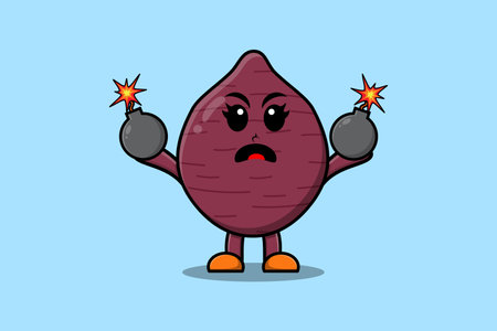 Cute cartoon Sweet potato holding bomb with scared expression in flat modern style designのイラスト素材
