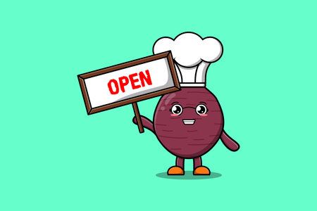 Cute cartoon Sweet potato character holding open sign board designs in concept flat cartoon styleのイラスト素材