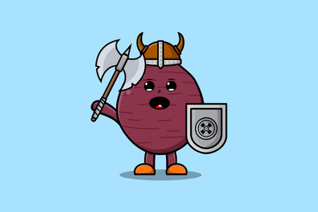 Cute cartoon character Sweet potato viking pirate with hat and holding ax and shieldのイラスト素材